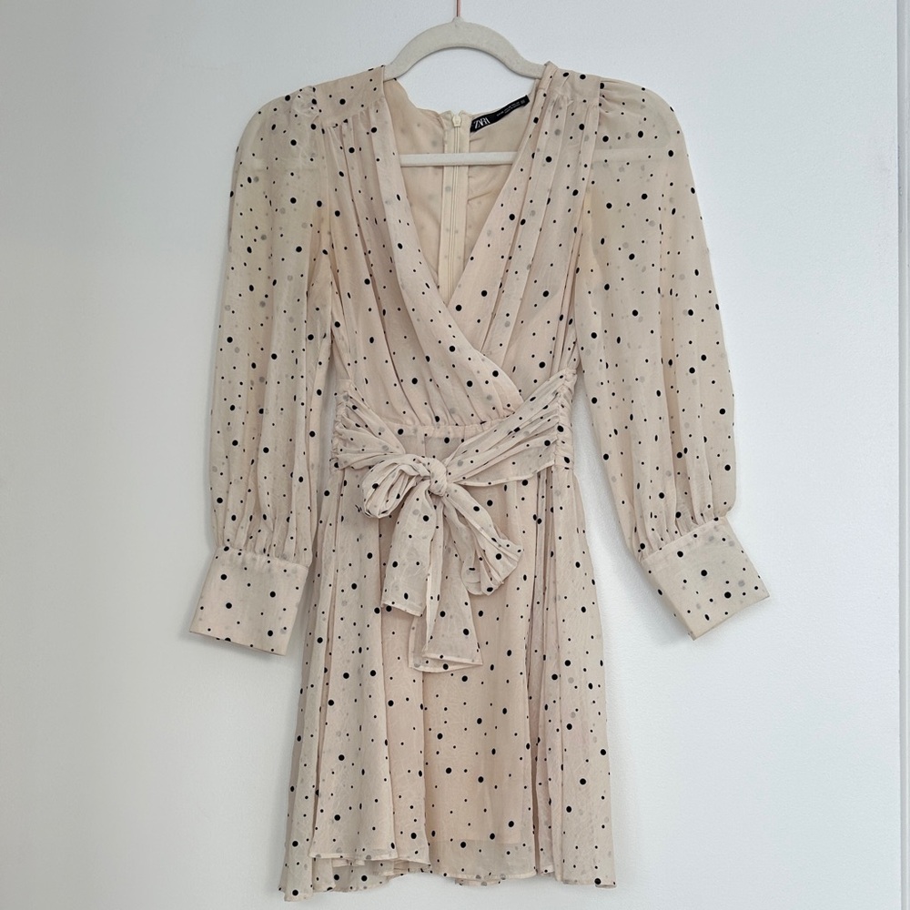 Zara Cream Polka Dot Long Sleeve Dress